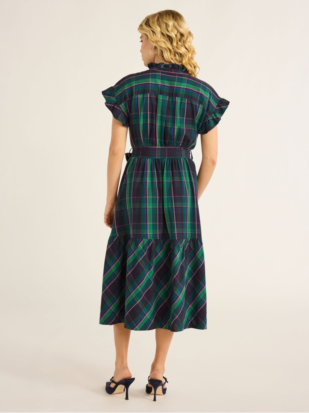 Green and Navy Plaid Button-Front Midi Dress - Picture 6 of 6